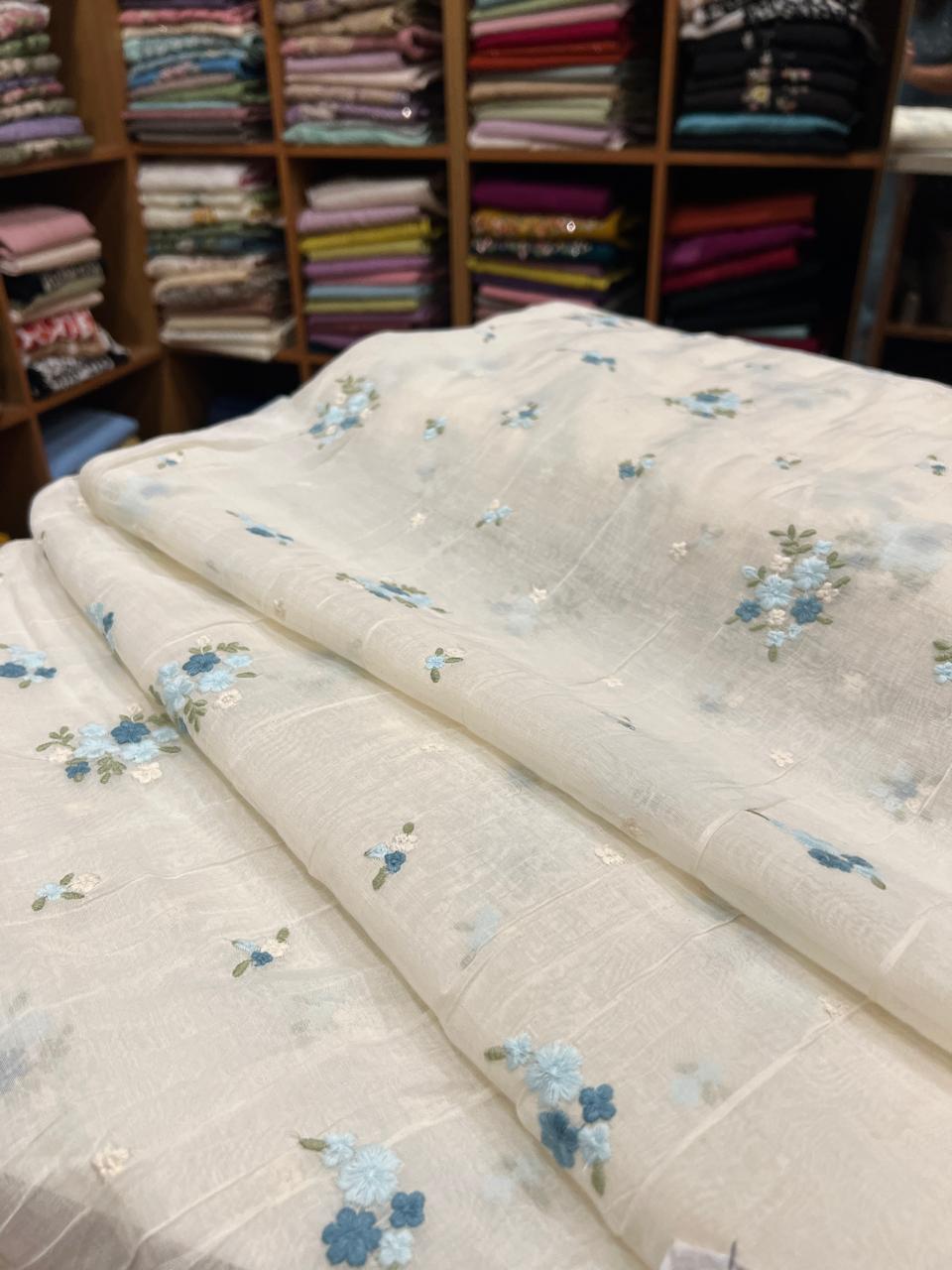 2e3e4b4d-e8da-486c-a3c7-c9d22fb19ea7 S7475 Embroidered Mul Chanderi (offwhite & blue ) - Image 1