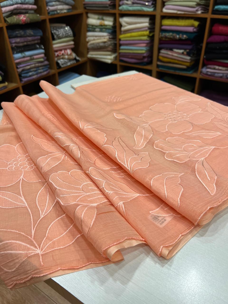 f1e43f3d-c26c-4746-b870-1bdff1059061 S7296 Chanderi appliqué work ( peach ) - Image 1